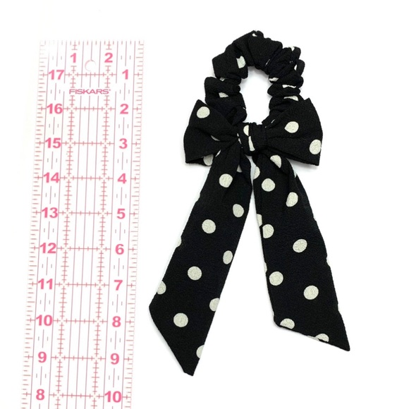 Black Polka Dot Scrunchie Hair Tie Bow Scarf - Picture 3 of 7